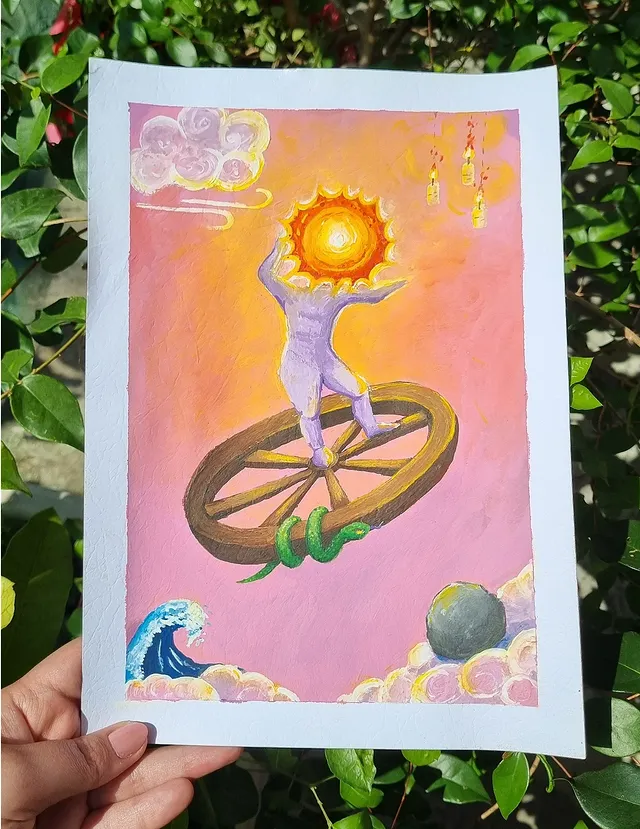Pintura com figura segurando sol