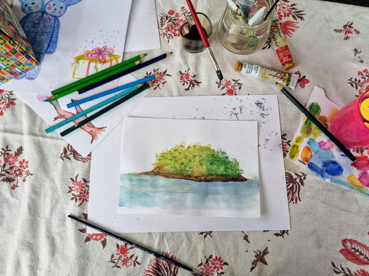 Pintura em aquarela da Ilha Urubuquecaba